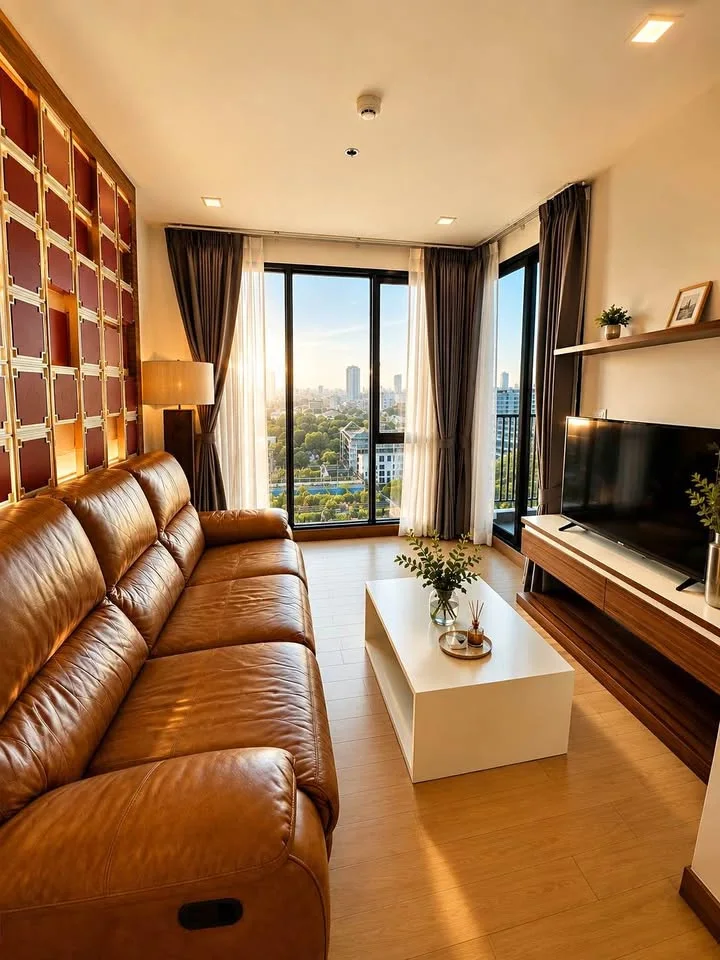 ภายในห้องนั่งเล่นของคอนโด 1 ห้องนอนที่ The Astra Condo เชียงใหม่